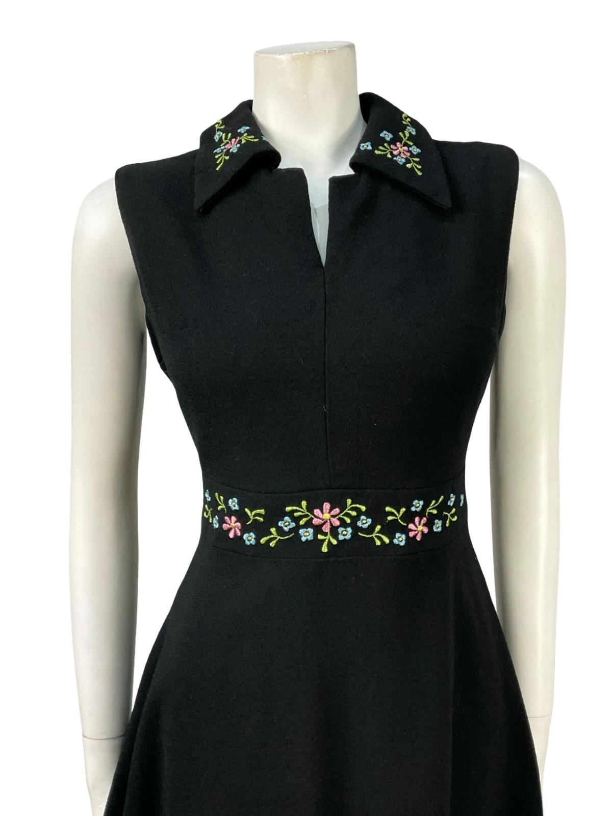 VTG 60S 70S BLACK WOOL FLORAL LUREX EMBROIDERED DAGGER SHIRT SWING DRESS 10