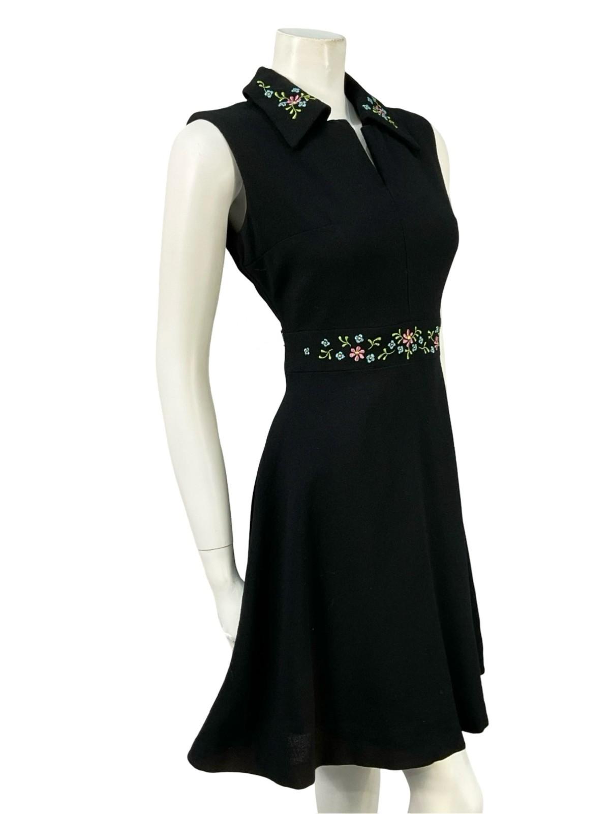 VTG 60S 70S BLACK WOOL FLORAL LUREX EMBROIDERED DAGGER SHIRT SWING DRESS 10