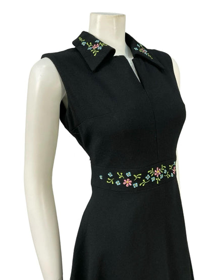 VTG 60S 70S BLACK WOOL FLORAL LUREX EMBROIDERED DAGGER SHIRT SWING DRESS 10