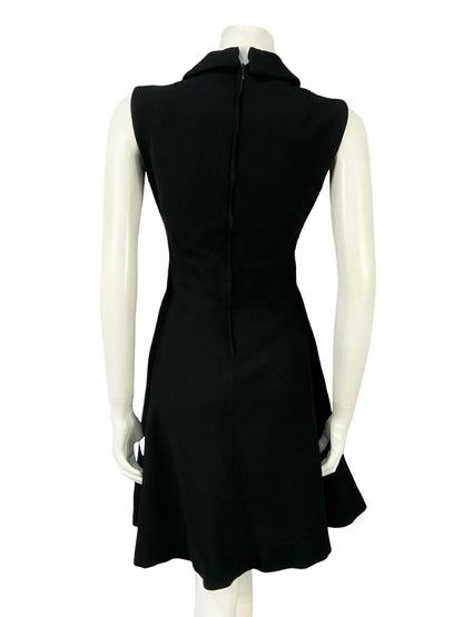 VTG 60S 70S BLACK WOOL FLORAL LUREX EMBROIDERED DAGGER SHIRT SWING DRESS 10