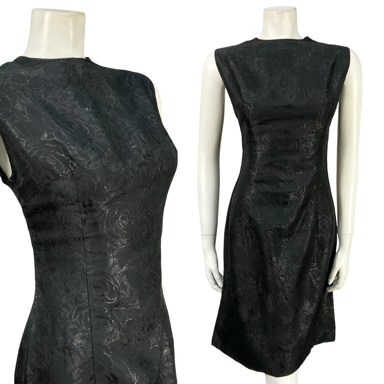 Mannequin wears a vintage 60s sleeveless little black dress with a floral damask print. 