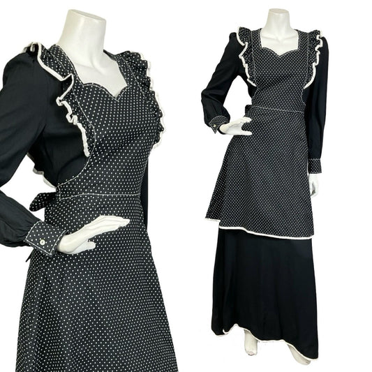 Mannequin wears a black and white polka dot ruffle prairie maxi dress. 