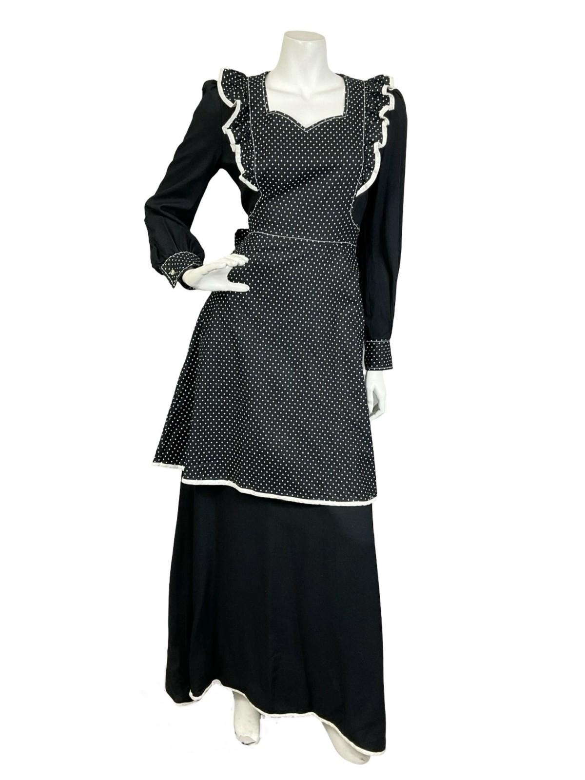 VTG 60S 70S BLACK WHITE PRAIRIE POLKA DOT RUFFLE APRON SWEETHEART MAXI DRESS 8