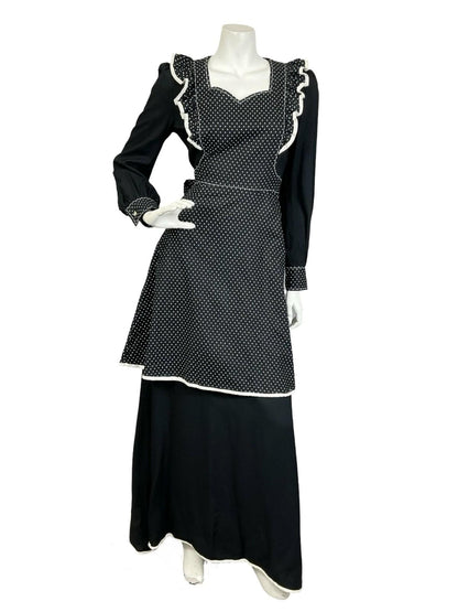 VTG 60S 70S BLACK WHITE PRAIRIE POLKA DOT RUFFLE APRON SWEETHEART MAXI DRESS 8