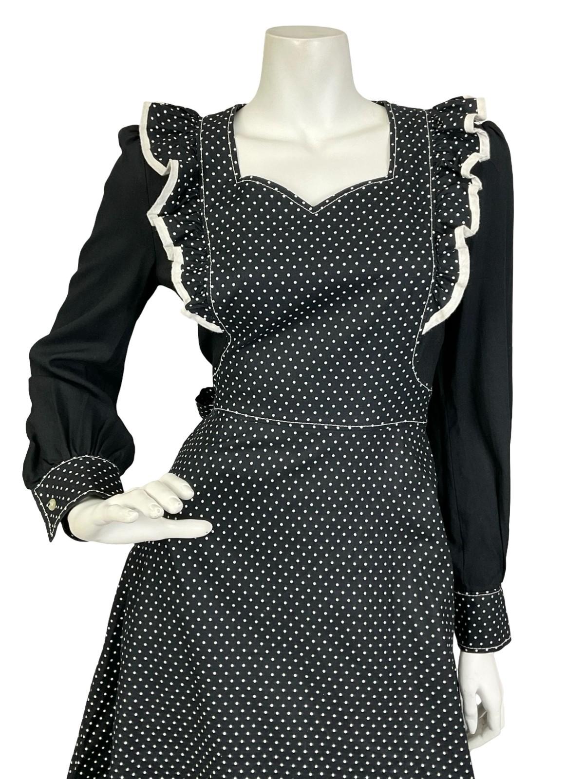 VTG 60S 70S BLACK WHITE PRAIRIE POLKA DOT RUFFLE APRON SWEETHEART MAXI DRESS 8