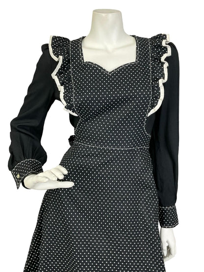 VTG 60S 70S BLACK WHITE PRAIRIE POLKA DOT RUFFLE APRON SWEETHEART MAXI DRESS 8