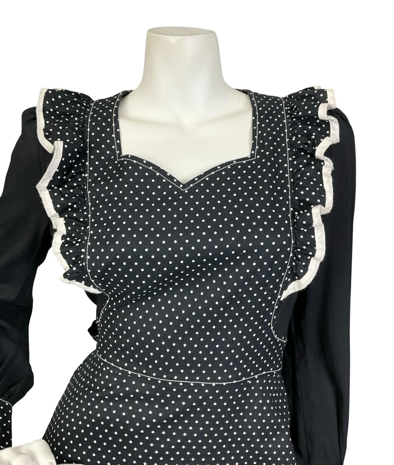 VTG 60S 70S BLACK WHITE PRAIRIE POLKA DOT RUFFLE APRON SWEETHEART MAXI DRESS 8