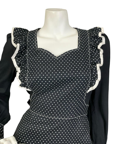 VTG 60S 70S BLACK WHITE PRAIRIE POLKA DOT RUFFLE APRON SWEETHEART MAXI DRESS 8