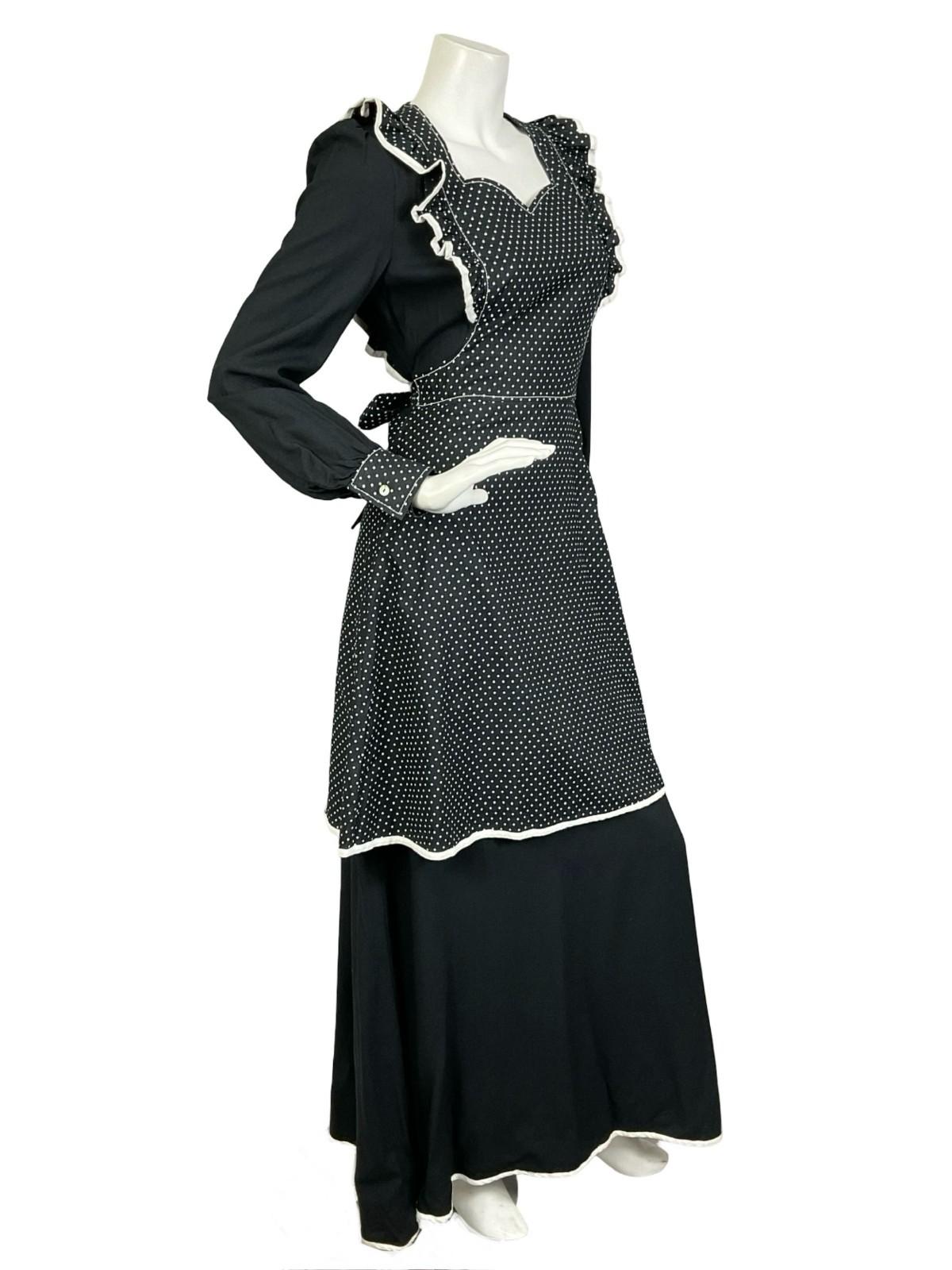 VTG 60S 70S BLACK WHITE PRAIRIE POLKA DOT RUFFLE APRON SWEETHEART MAXI DRESS 8