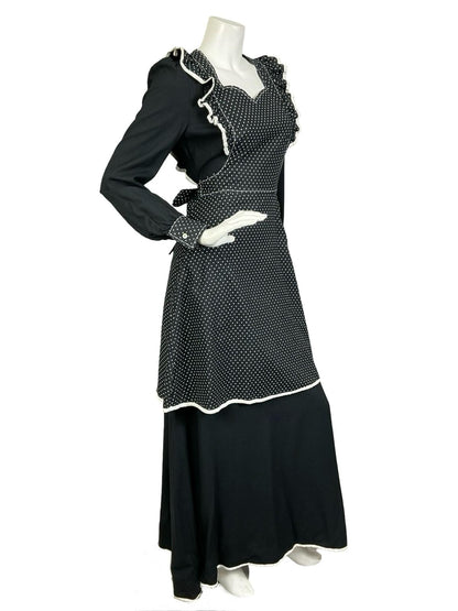VTG 60S 70S BLACK WHITE PRAIRIE POLKA DOT RUFFLE APRON SWEETHEART MAXI DRESS 8