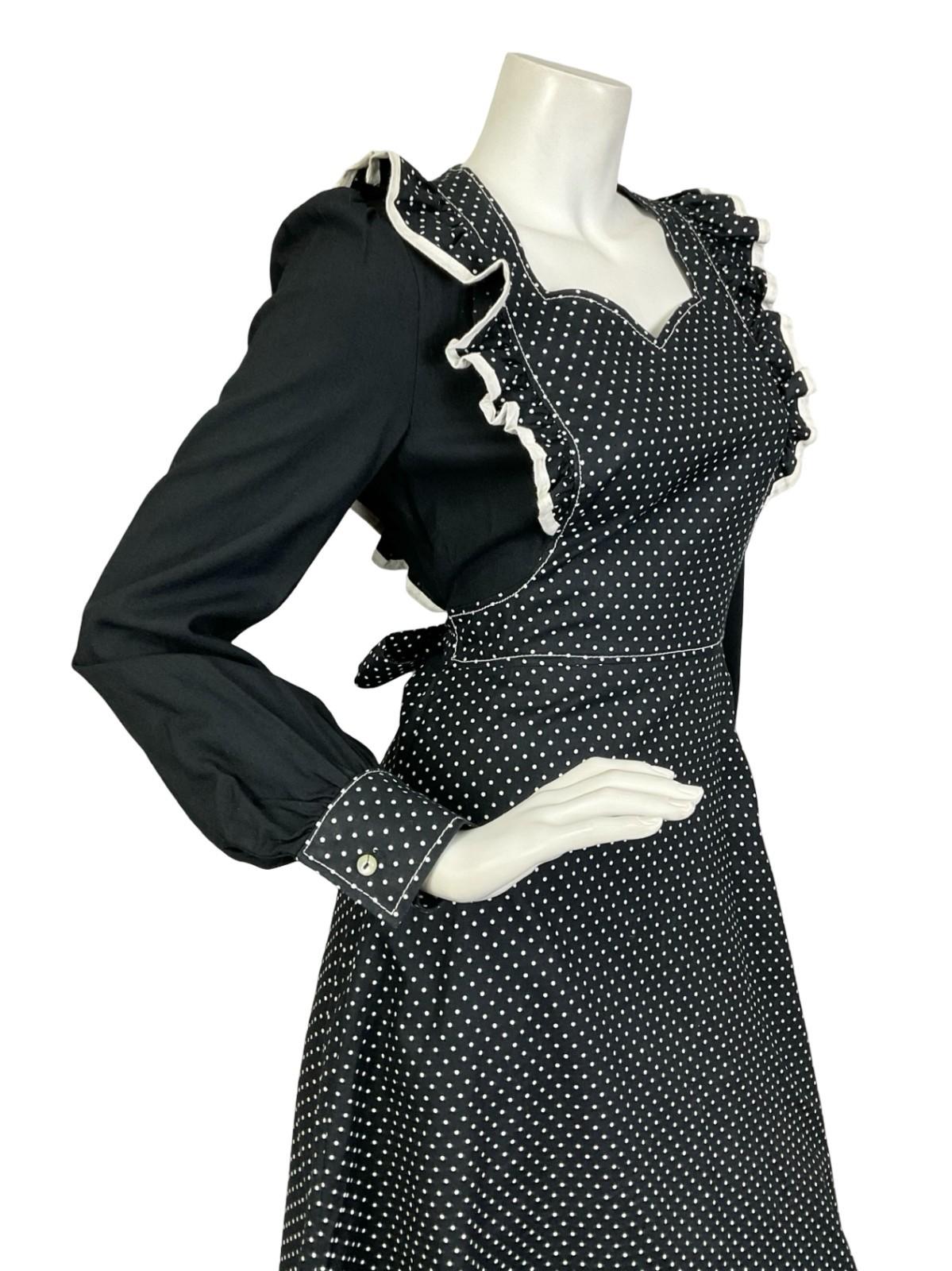 VTG 60S 70S BLACK WHITE PRAIRIE POLKA DOT RUFFLE APRON SWEETHEART MAXI DRESS 8
