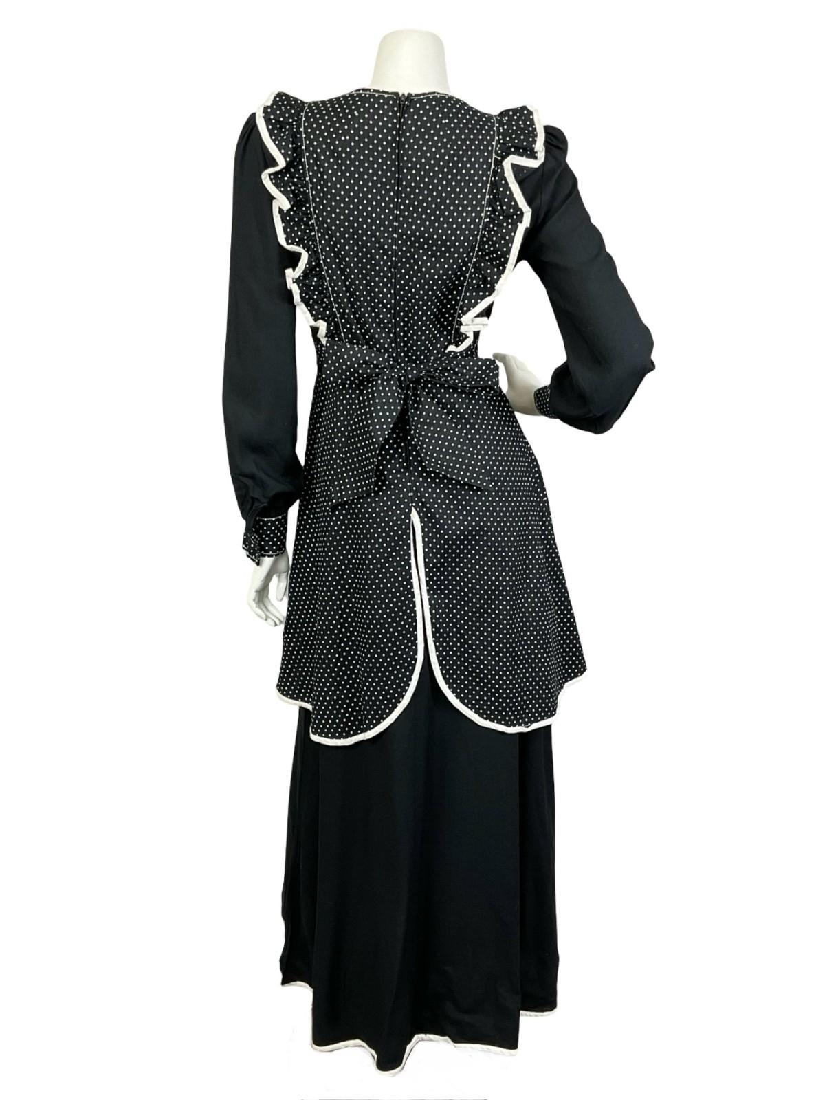 VTG 60S 70S BLACK WHITE PRAIRIE POLKA DOT RUFFLE APRON SWEETHEART MAXI DRESS 8