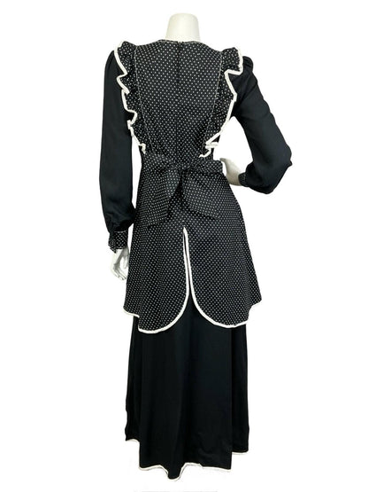 VTG 60S 70S BLACK WHITE PRAIRIE POLKA DOT RUFFLE APRON SWEETHEART MAXI DRESS 8