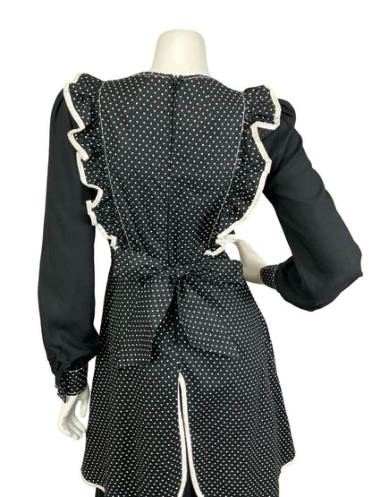 VTG 60S 70S BLACK WHITE PRAIRIE POLKA DOT RUFFLE APRON SWEETHEART MAXI DRESS 8