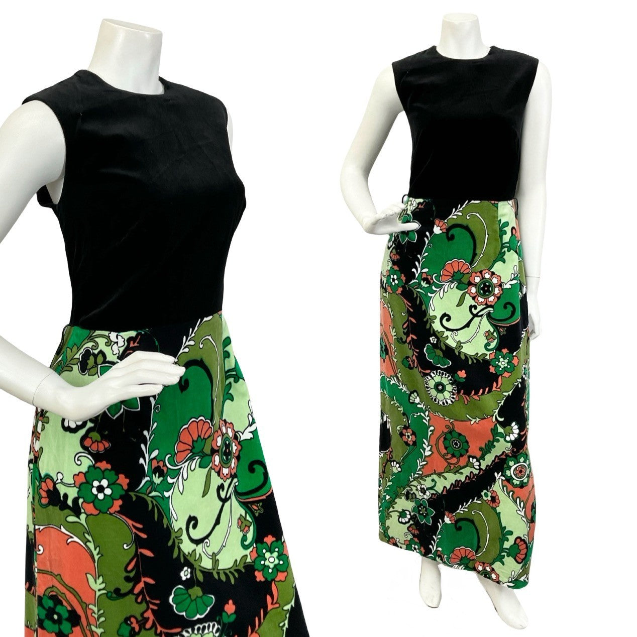 Mannequin wears a sleeveless mod maxi dress with a black velvet bodice and green psychedelic print skirt. 