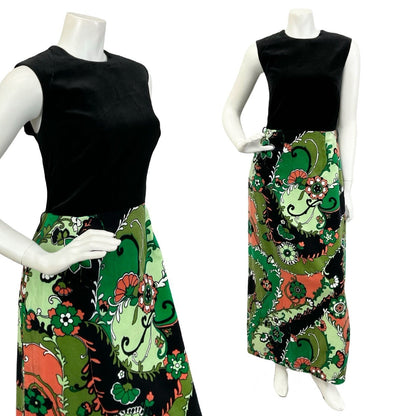 Mannequin wears a sleeveless mod maxi dress with a black velvet bodice and green psychedelic print skirt. 