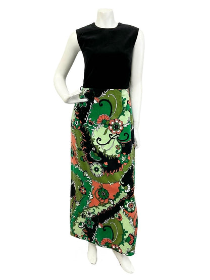 VTG 60S 70S BLACK GREEN WHITE RED FLORAL PSYCHEDELIC VELVET MAXI DRESS 10
