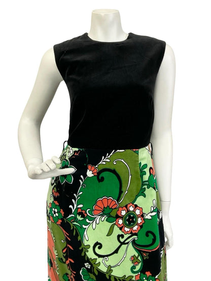 VTG 60S 70S BLACK GREEN WHITE RED FLORAL PSYCHEDELIC VELVET MAXI DRESS 10