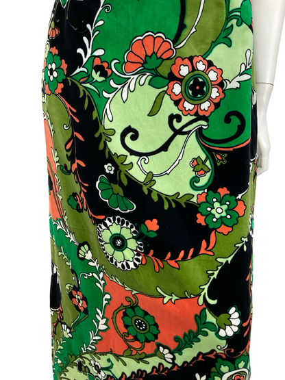 VTG 60S 70S BLACK GREEN WHITE RED FLORAL PSYCHEDELIC VELVET MAXI DRESS 10