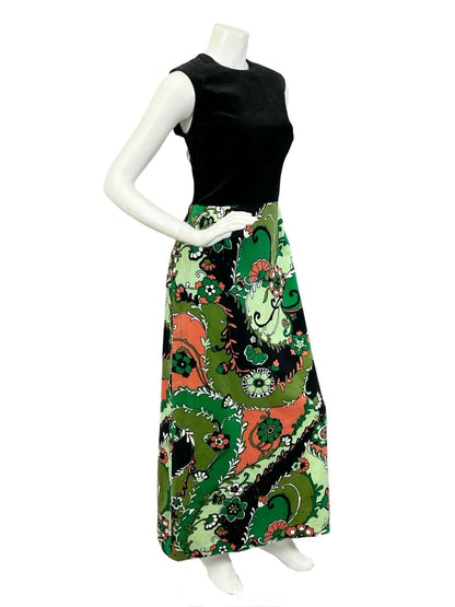 VTG 60S 70S BLACK GREEN WHITE RED FLORAL PSYCHEDELIC VELVET MAXI DRESS 10