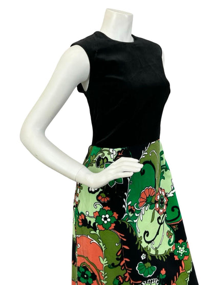 VTG 60S 70S BLACK GREEN WHITE RED FLORAL PSYCHEDELIC VELVET MAXI DRESS 10