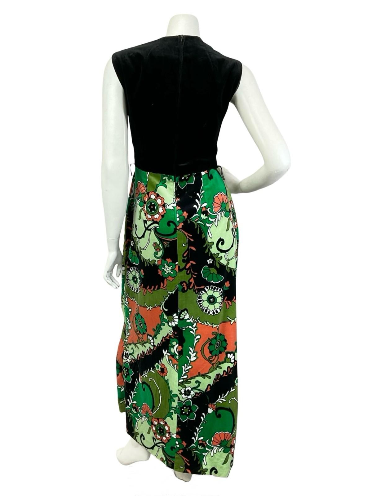 VTG 60S 70S BLACK GREEN WHITE RED FLORAL PSYCHEDELIC VELVET MAXI DRESS 10