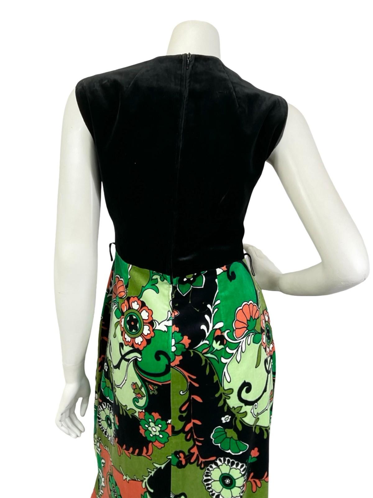 VTG 60S 70S BLACK GREEN WHITE RED FLORAL PSYCHEDELIC VELVET MAXI DRESS 10