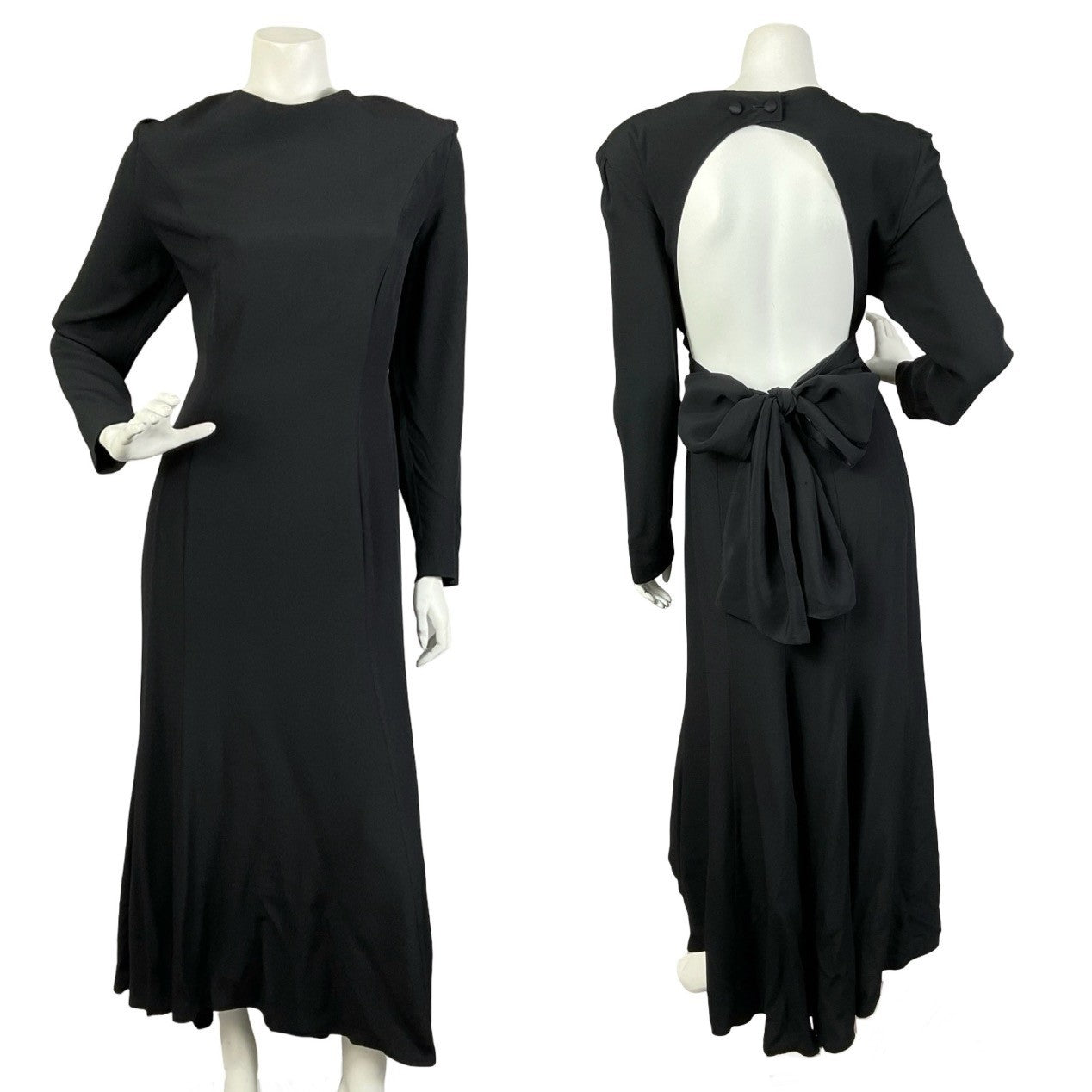 Mannequin wears a vintage 70s 80s all-black, backless long sleeve maxi dress with a bow tie at the back of the waist. 