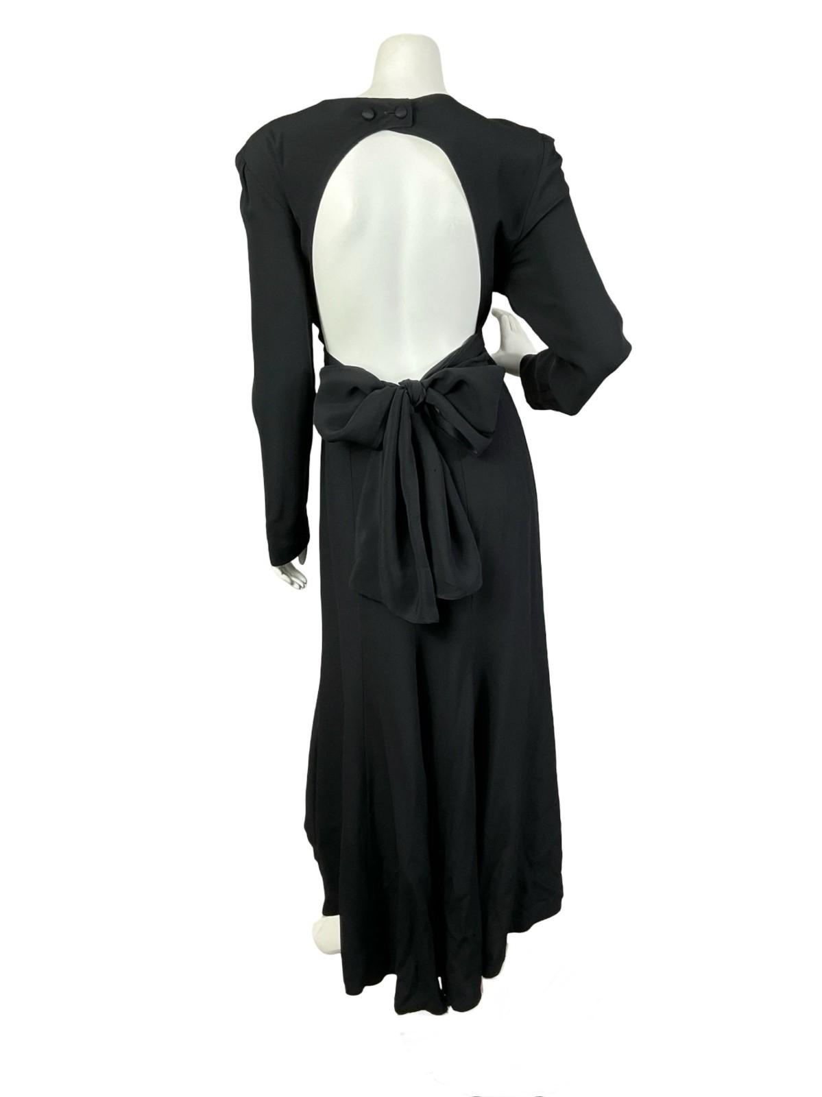 VTG 70S 80S BLACK MONOCHROME BACKLESS BOW TIE FORMAL MAXI DRESS 14