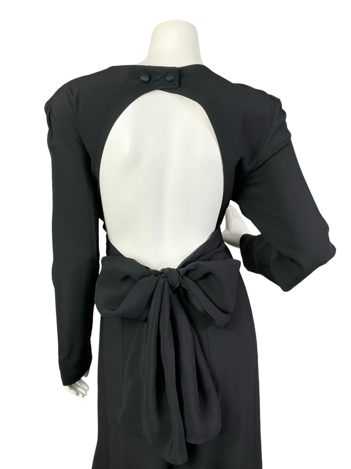 VTG 70S 80S BLACK MONOCHROME BACKLESS BOW TIE FORMAL MAXI DRESS 14