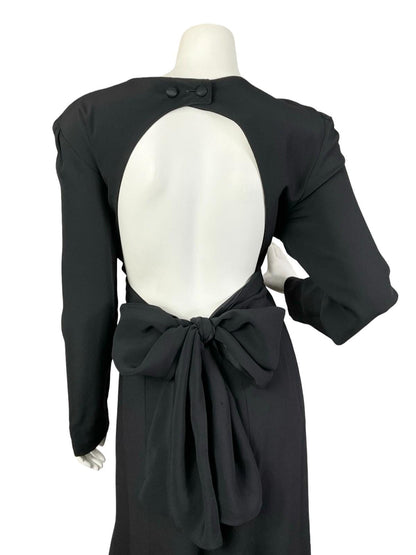 VTG 70S 80S BLACK MONOCHROME BACKLESS BOW TIE FORMAL MAXI DRESS 14