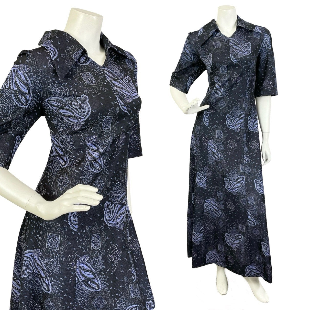 Mannequin wears a blue and black Paisley short sleeve maxi shirt dress. 