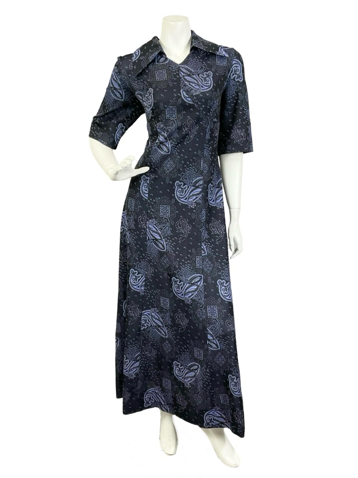 VTG 60S 70S BLUE SILVER PAISLEY LUREX DAGGER EMPIRE PSYCHEDELIC MAXI DRESS 14