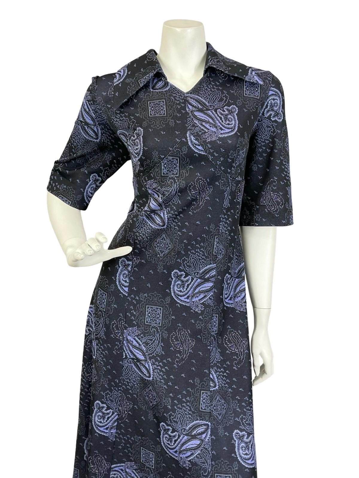 VTG 60S 70S BLUE SILVER PAISLEY LUREX DAGGER EMPIRE PSYCHEDELIC MAXI DRESS 14