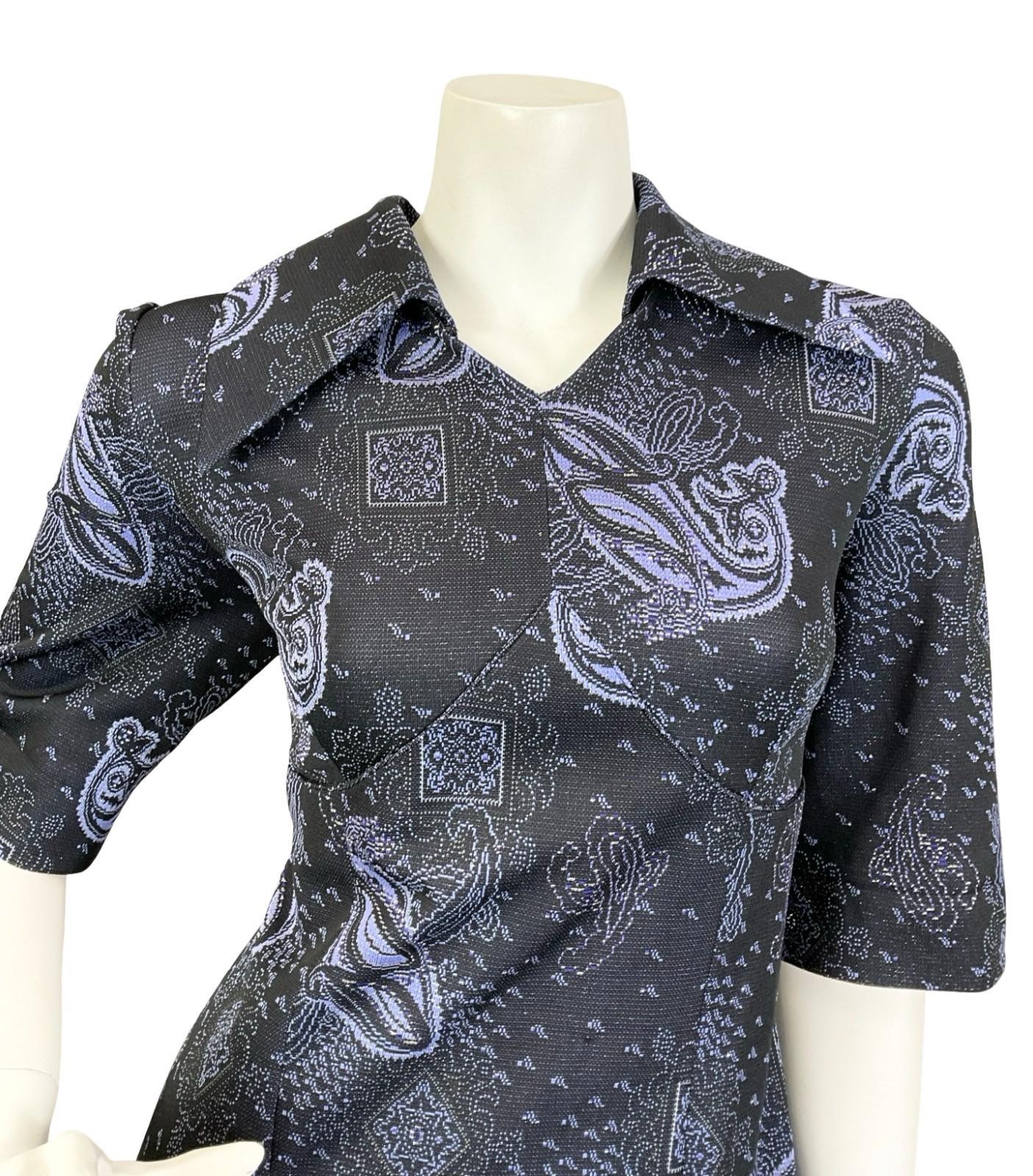 VTG 60S 70S BLUE SILVER PAISLEY LUREX DAGGER EMPIRE PSYCHEDELIC MAXI DRESS 14