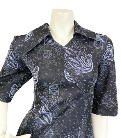 VTG 60S 70S BLUE SILVER PAISLEY LUREX DAGGER EMPIRE PSYCHEDELIC MAXI DRESS 14