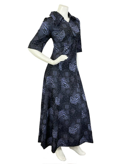 VTG 60S 70S BLUE SILVER PAISLEY LUREX DAGGER EMPIRE PSYCHEDELIC MAXI DRESS 14