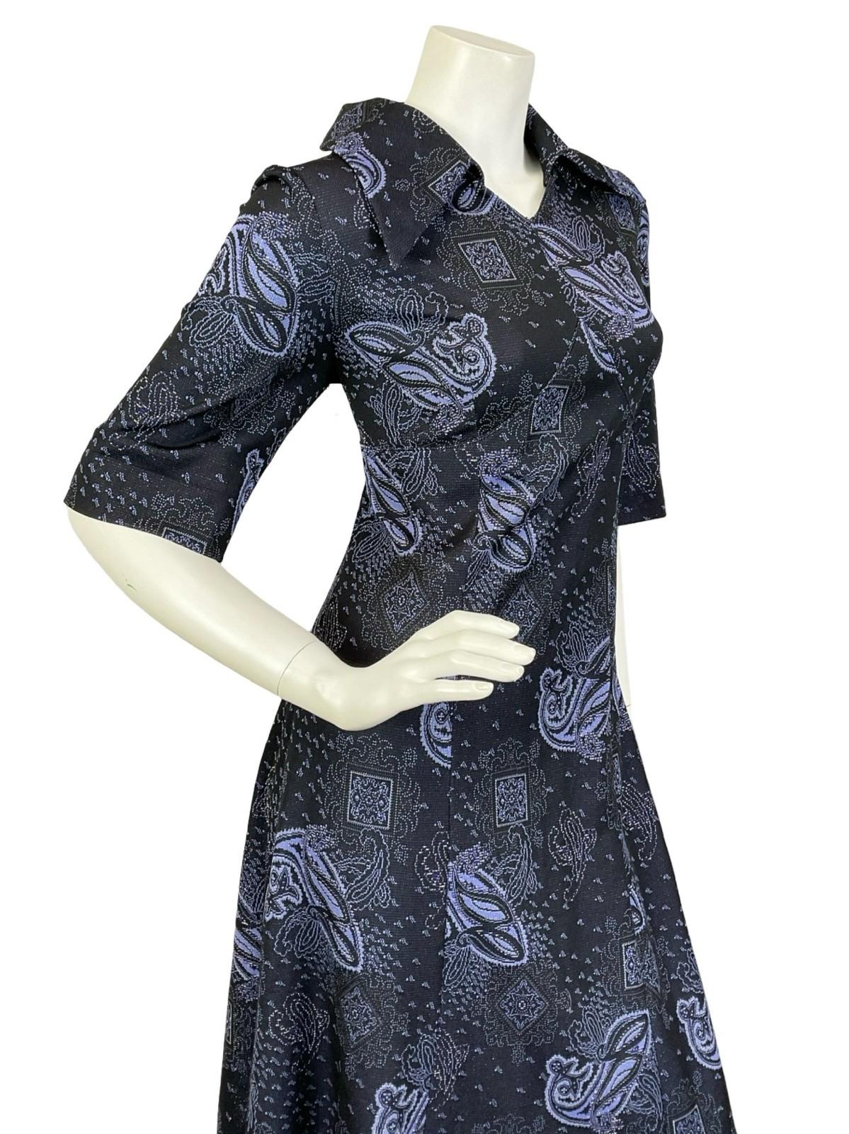 VTG 60S 70S BLUE SILVER PAISLEY LUREX DAGGER EMPIRE PSYCHEDELIC MAXI DRESS 14