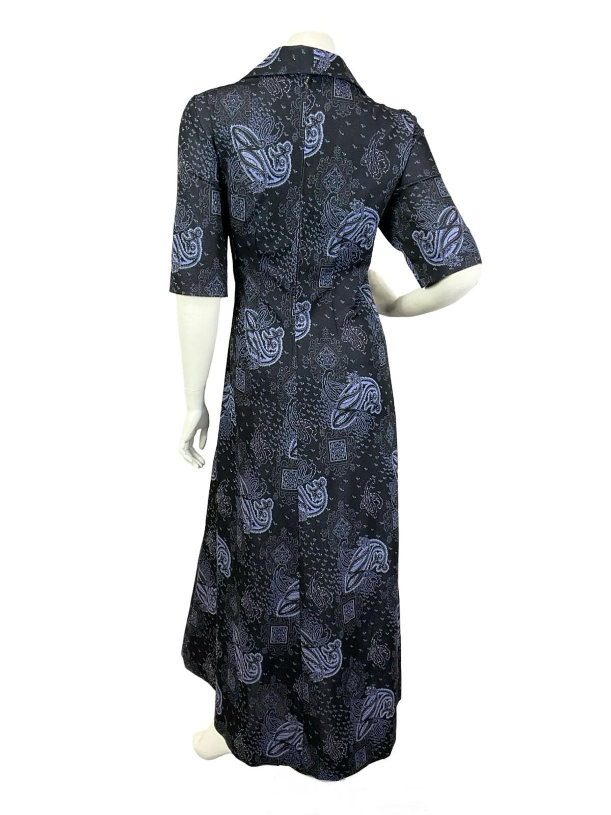 VTG 60S 70S BLUE SILVER PAISLEY LUREX DAGGER EMPIRE PSYCHEDELIC MAXI DRESS 14