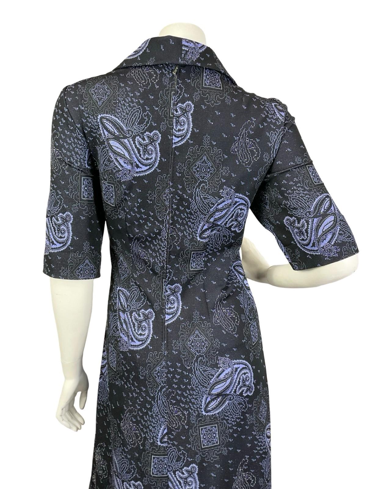 VTG 60S 70S BLUE SILVER PAISLEY LUREX DAGGER EMPIRE PSYCHEDELIC MAXI DRESS 14