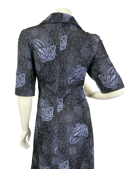 VTG 60S 70S BLUE SILVER PAISLEY LUREX DAGGER EMPIRE PSYCHEDELIC MAXI DRESS 14