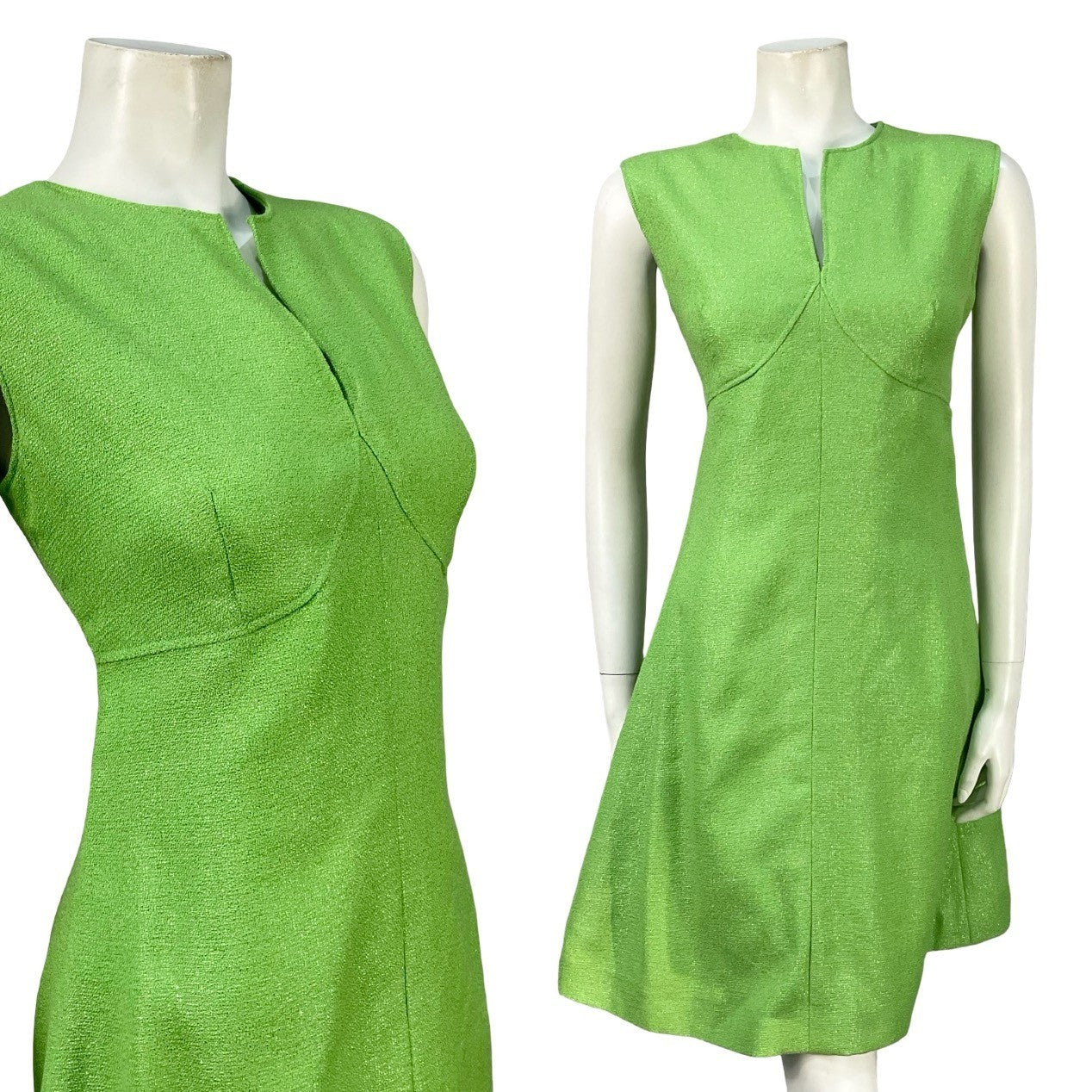 Mannequin wears a vintage 60s empire sleeveless mini dress made from a green, glittery lurex. 