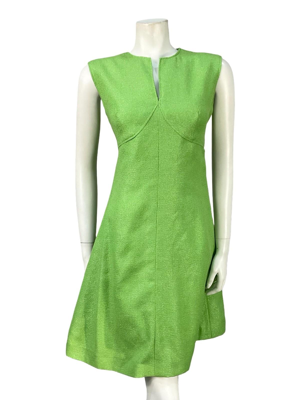 VTG 60S 70S GREEN MONOCHROME LUREX SPARKLY MOD EMPIRE DISCO PARTY MINI DRESS 12