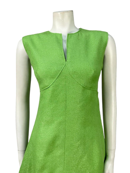 VTG 60S 70S GREEN MONOCHROME LUREX SPARKLY MOD EMPIRE DISCO PARTY MINI DRESS 12