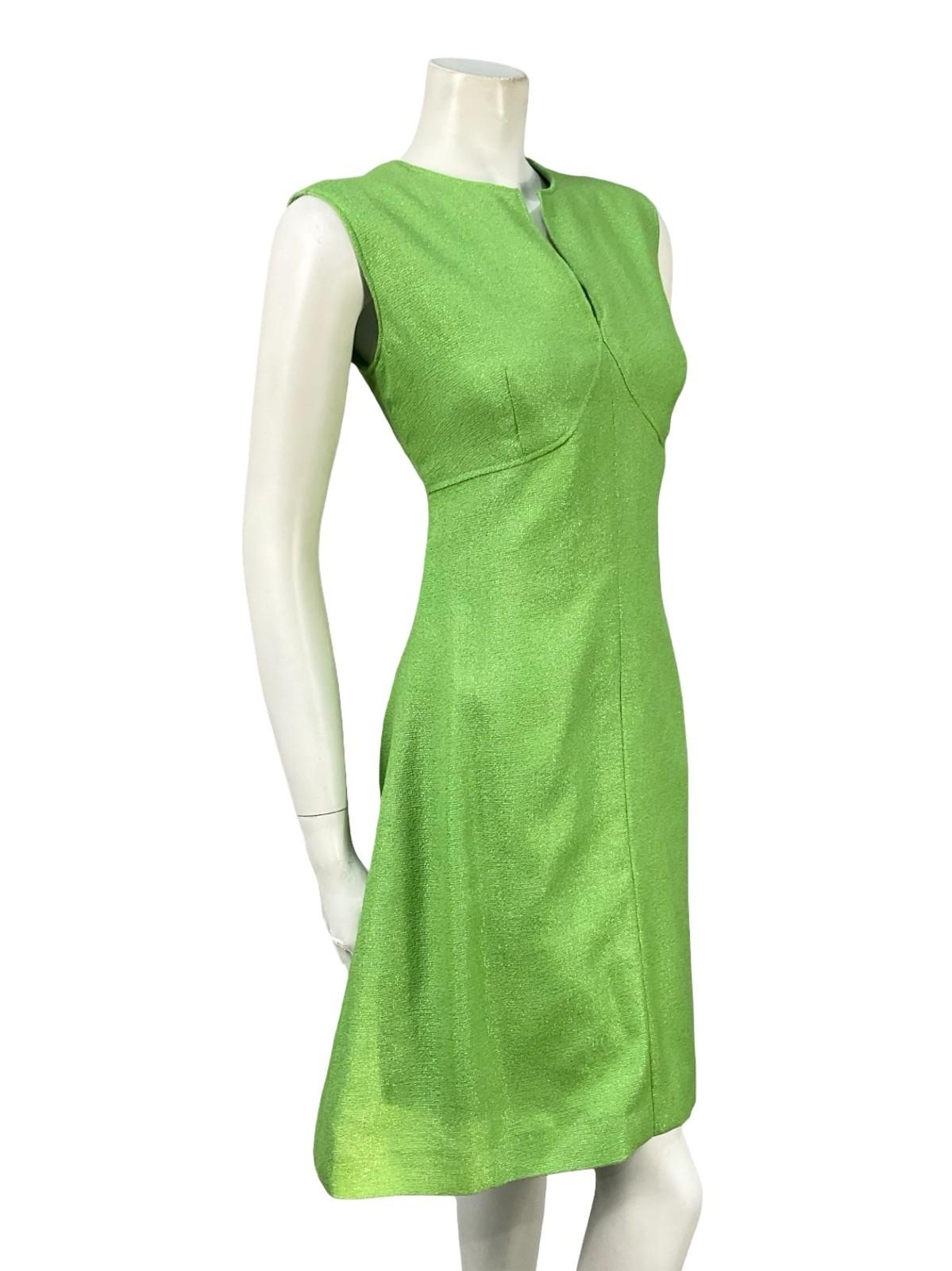 VTG 60S 70S GREEN MONOCHROME LUREX SPARKLY MOD EMPIRE DISCO PARTY MINI DRESS 12