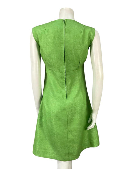 VTG 60S 70S GREEN MONOCHROME LUREX SPARKLY MOD EMPIRE DISCO PARTY MINI DRESS 12