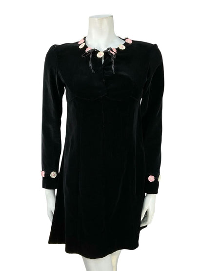 VTG 60S 70S BLACK VELVET PINK WHITE DAISY FLORAL EMPIRE MOD GOGO MINI DRESS 10