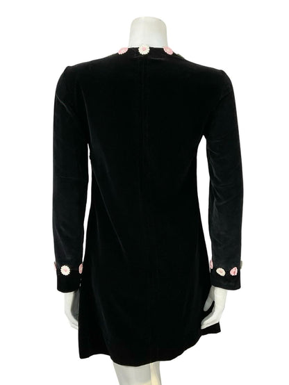 VTG 60S 70S BLACK VELVET PINK WHITE DAISY FLORAL EMPIRE MOD GOGO MINI DRESS 10