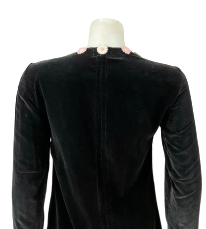 VTG 60S 70S BLACK VELVET PINK WHITE DAISY FLORAL EMPIRE MOD GOGO MINI DRESS 10