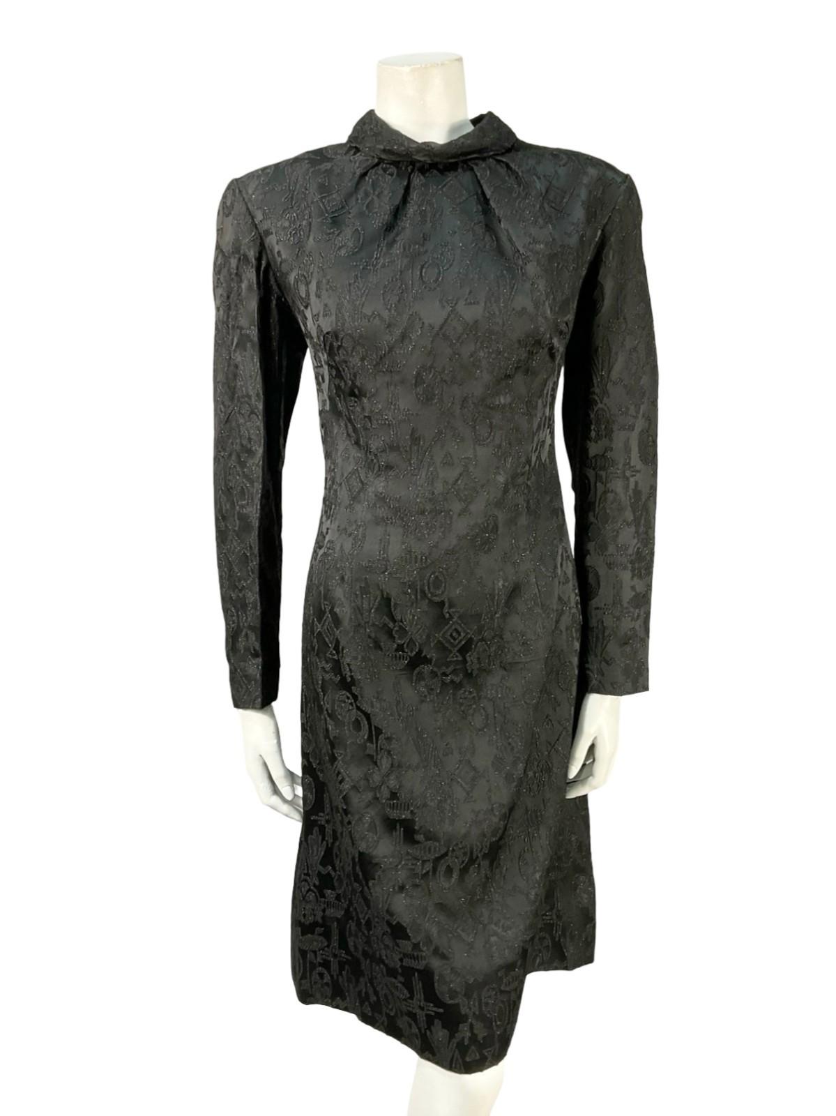 VTG 60S 70S BLACK AZTEC GEOMETRIC DAMASK GLITTERY MOD PARTY WIGGLE DRESS 12